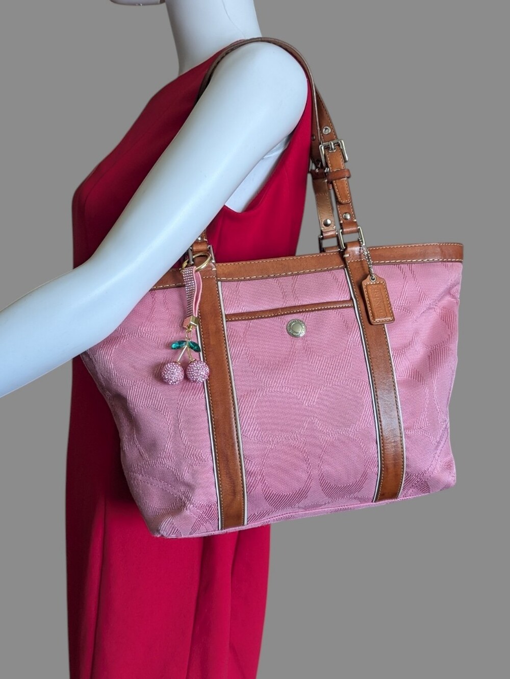 Coach Pink Canvas Tote with Brown Leather Trim